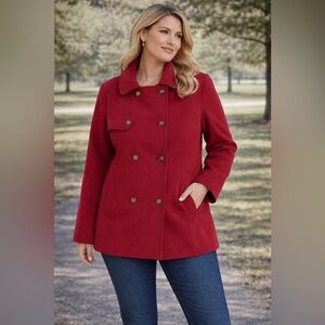 NWT- Crown & Ivy Women's Double-Breasted Red Pea Coat XXL in Cranberry